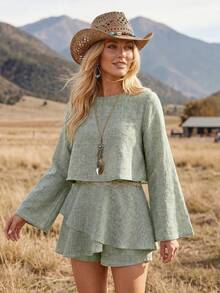 Wildy BOHO Casual Western Country Nomad Women's Summer Outfit, Long Sleeve Top And Skirt 2-Piece Set For Outings Picnic, Commuting, Sage Green Fall Clothes - Green - View 6