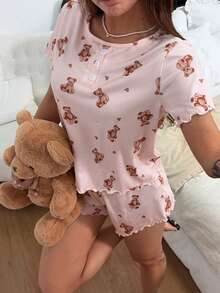 Napfluff Conjunto de pijama de manga corta con cuello redondo, botones delanteros y estampado de osos lindos - Multicolor - Ver 1