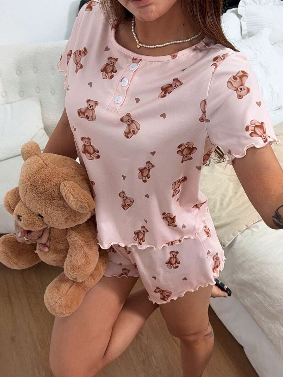 Napfluff Conjunto de pijama de manga corta con cuello redondo, botones delanteros y estampado de osos lindos - Multicolor - Ver 1