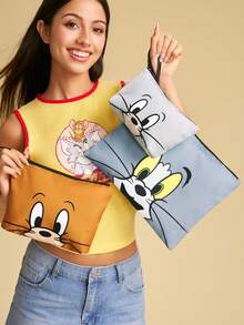TOM & JERRY X SHEIN 1件/1套臉部印花聚酯纖維化妝包，多尺寸大容量旅行盥洗收納袋，可愛卡通收納袋，適合女性、青少年女孩與粉絲，完美適用於日常旅行與化妝品收納 - 黃灰色 - 查看 1