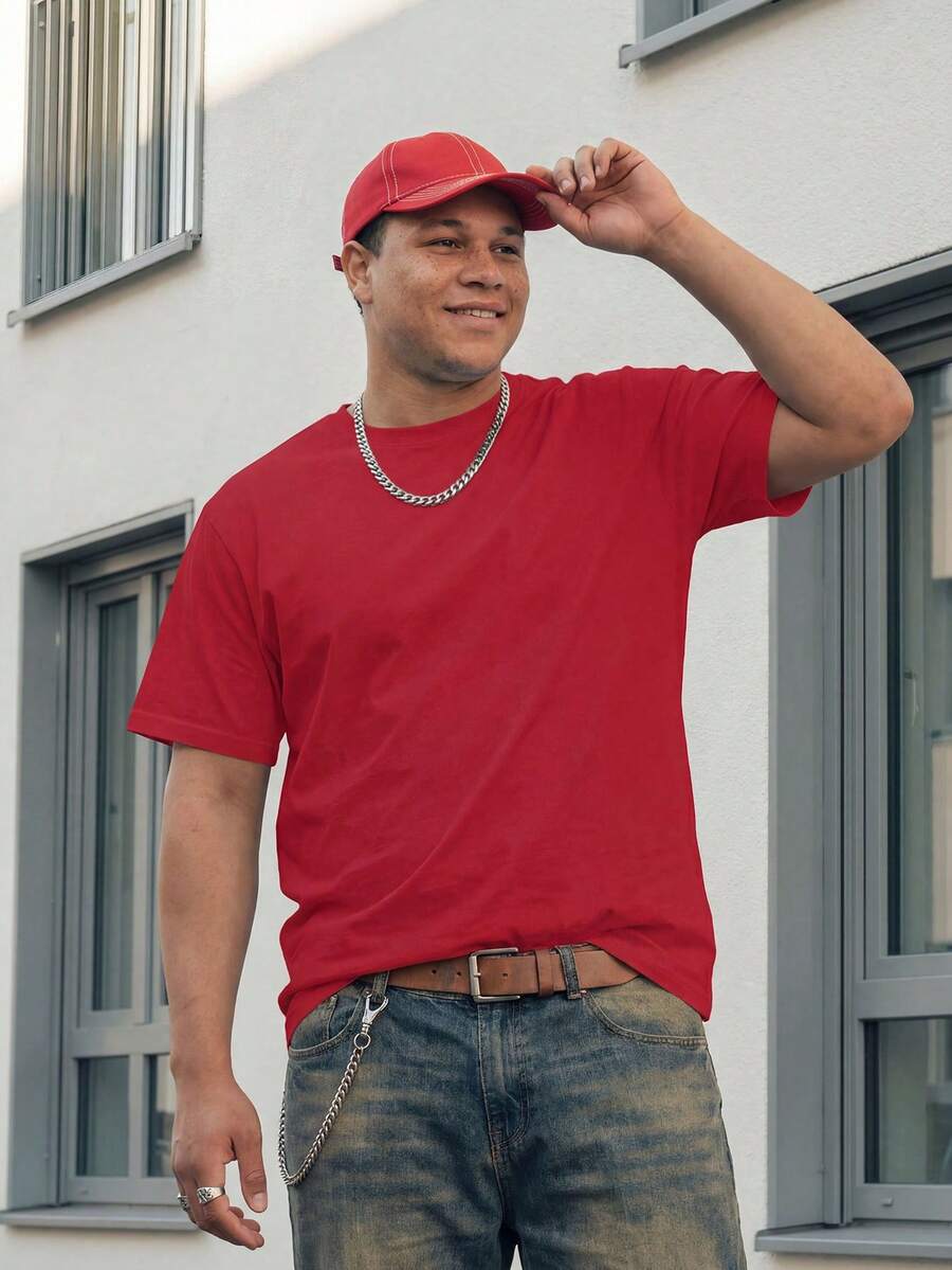 Manfinity EZcore Men Plus Size Solid Color Round Neck Short Sleeve Casual T-Shirt - Red - View 1