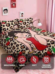 Betty Boop x SHEIN 豹纹樱桃印花三件套被套，采用磨毛面料，柔软保暖，黑色被套，多种尺寸可选，适用于单人床/双人床/特大床/加大床。礼品之选，适合派对、节日、情人节等场合。 - 彩色 - 查看 8