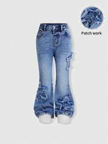 SHEIN Explorewe 女童貼花刺繡口袋牛仔喇叭褲 - 深色水洗藍 - 查看 4