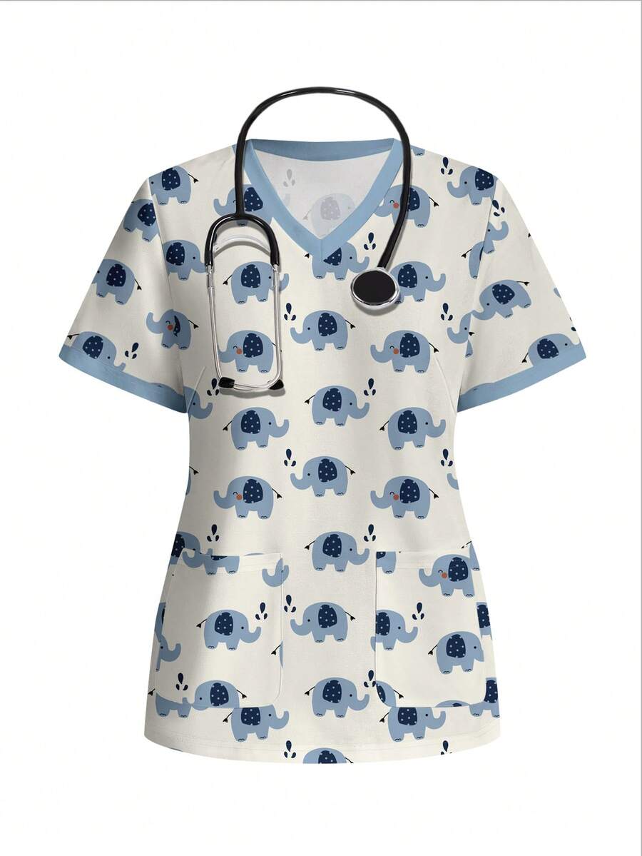 PopScrub Casual Minimalist Scrub Uniform Top, Cute Elephant Print Pattern, Pet Hospital - Multicolor - View 1