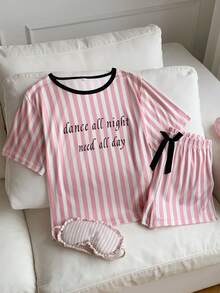 Comfortcana 条纹和口号图案蝴蝶结前睡衣套装/睡衣套装 - 淺粉色 - 查看 5