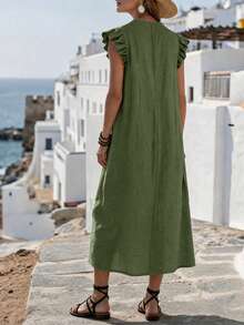 SHEIN Holidaya Women's Vacation Ruffle V-Neck Flutter Sleeve Dress, Women's Vacation Dress, Women's Apricot Dress - Dark Green - View 2