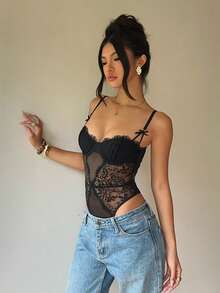 Aloruh Sexy Elegant Lace Mesh Patchwork Bodysuit Night Out Date Night Club Black Summer - Black - View 4