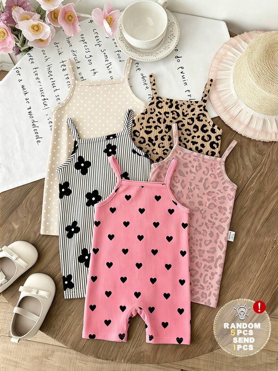 SHEIN LMoss Kids 復古美拉德卡其豹紋波點圖案,Chill Chill,嬰兒與女嬰圖案,女嬰休閒細肩帶連身褲,適合春夏季 - 彩色 - 查看 1