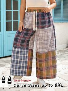SHEIN CURVE+ Plus Size Plaid Patchwork Retro Style Pants Fall - Multicolor - View 9