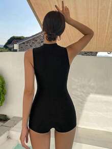 DAZY 女款純色前拉鍊無袖運動潛水連身泳衣短褲 夏季海灘穿搭 - 黑色 - 查看 2