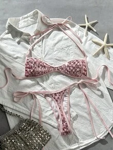 Costavie 春夏海灘度假亮片掛脖綁帶式比基尼上衣與側綁式丁字褲比基尼套裝，性感 - 粉色 - 查看 7