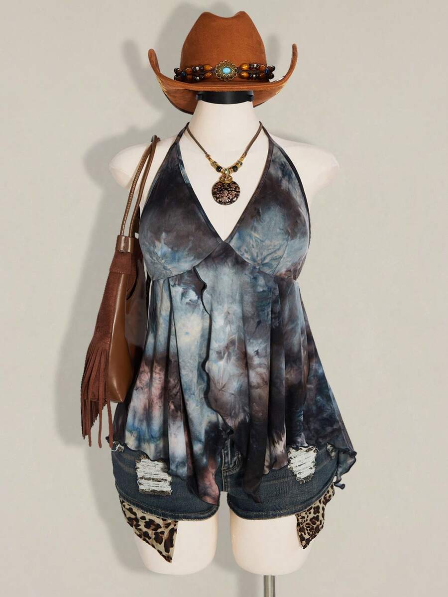 SHEIN ICON 女款大尺碼春夏復古牛仔波希米亞風性感休閒時尚街頭Y2K沙灘度假演唱會假期V領細肩帶背心上衣 嬰兒藍 - 黑色 - 查看 1