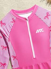 SHEIN 青少年女孩條紋蝴蝶結印花長袖連身泳裝裙，適合海灘度假、泳池派對、海灘派對 - 玫紅色 - 查看 3