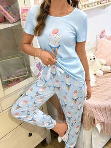 SweetSlumber Sweet Cute Ice Cream Print Short Sleeve Long Pants Women's Pajama Set Lounge Light Blue Summer - Multicolor - View 3