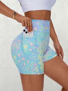 SHEIN Sovereign Charm Colorful Leopard Print High Waist Tight Workout Shorts, Summer Short Pastel Tie Dye Biker With Pockets Women Training Rave Yoga - Multicolor - View 3