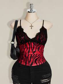 SHEIN ICON 大尺碼夏季時尚蕾絲拼接細肩帶背心 - 酒紅色 - 查看 1
