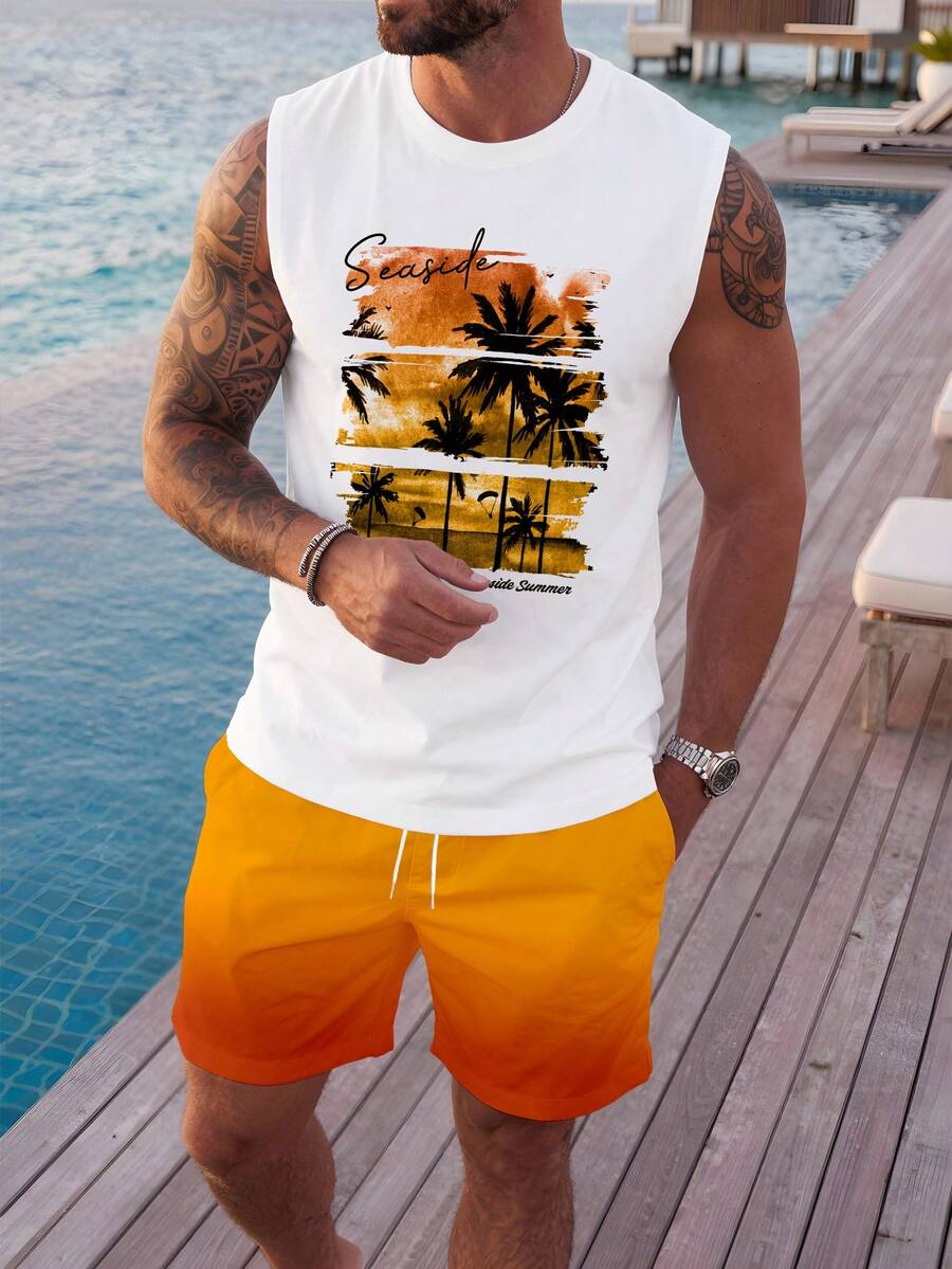 VIVINTIMO Casual Vacation Style Fashionable Men's Standard Fit Tank Top Set - White - View 1