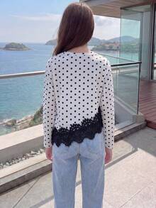 SHEIN Tween Girl Autumn Tops White And Black Polka Dot Print Contrast Lace Asymmetric Hem T-Shirt, Holiday Outfits, Casual Cute Elegant, Comfortable School - Black and White - View 3