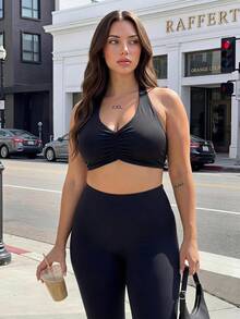 Gameset SHEIN Sport Women's Plus Size Solid Color Ruched Casual Versatile Daily Wear Sports Halter Neck T-Shirt - Black - View 1