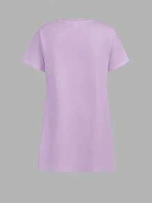 Vestido casual lindo minimalista de niña preadolescente, estilo K-Pop, color lila claro, con estampado de grupo de chicas de dibujos animados, manga corta, largo medio, para verano y escuela - Multicolor - Ver 3