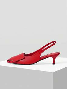 Mnmlis Kitten And Pointed Shoes, Femininity Sexy Square Buckle Back Strap Shoes, Low Vamp Cat And Sandals. - Red - View 5