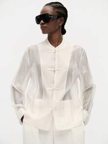 Aveloria Modichic Women's Satin Knot Button Shirt, Round Neck Long Sleeve With Cuffs, Chest Pocket, Straight Hem Top - White - View 5