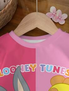 LOONEY TUNES X SHEIN 女嬰圓領字母卡通圖案拼色休閒日常長袖運動衫 - 白色 - 查看 3