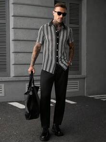 SLATEMANN Men's Mesh Patchwork Casual Shirt And Pants Set - Black and White - View 4