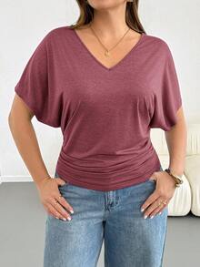 Shapeblank Plus Size Women Solid Color V-Neck Pleated Casual Versatile Daily Wear T-Shirt Club Formal Dark Purple Summer - Burgundy - View 6