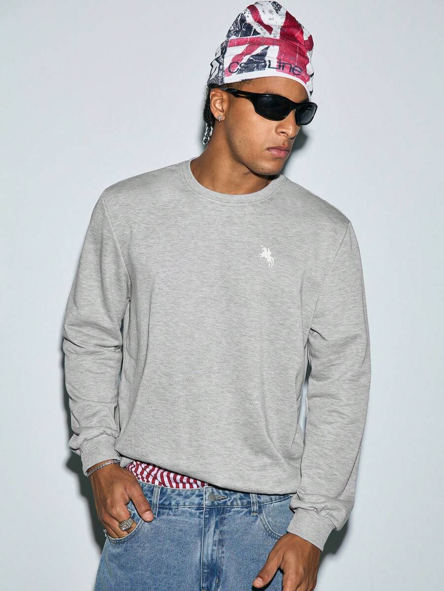 Modcrash Men's Casual Everyday Commute Minimalist Versatile Horse Print Crew Neck Sweatshirt, Spring/Autumn Fall/Autumn/Winter - Grey - View 1