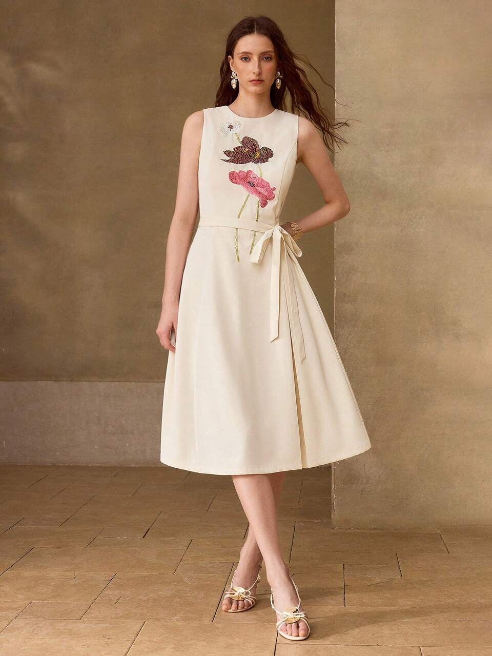MOTF WOMEN'S SUMMER PATCHWORK SEQUIN FLORAL PATTERN SLEEVELESS WAIST TIE DRESS
