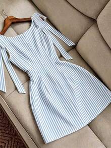 SHEIN Franclia 女款條紋時尚優雅蝴蝶結領結洋裝 - 彩色 - 查看 2