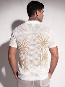 DSELFIQUE Men's Summer Casual Vacation Coconut Tree Pattern Front Button Hollow Knit Top, Holiday - White - View 2