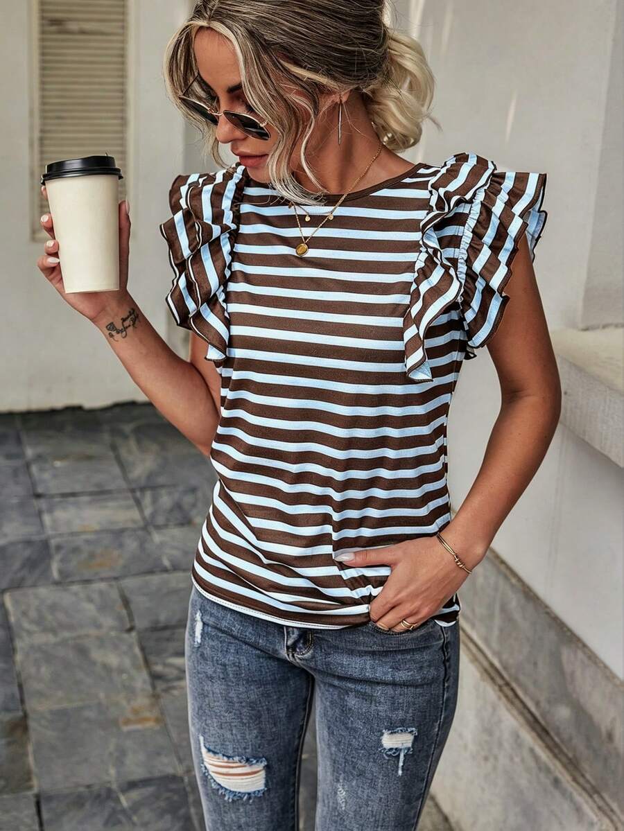Wandoria Women's Summer Casual Striped Round Neck Cap Sleeve Tee Graphic Tees Women Tops - Multicolor - View 1