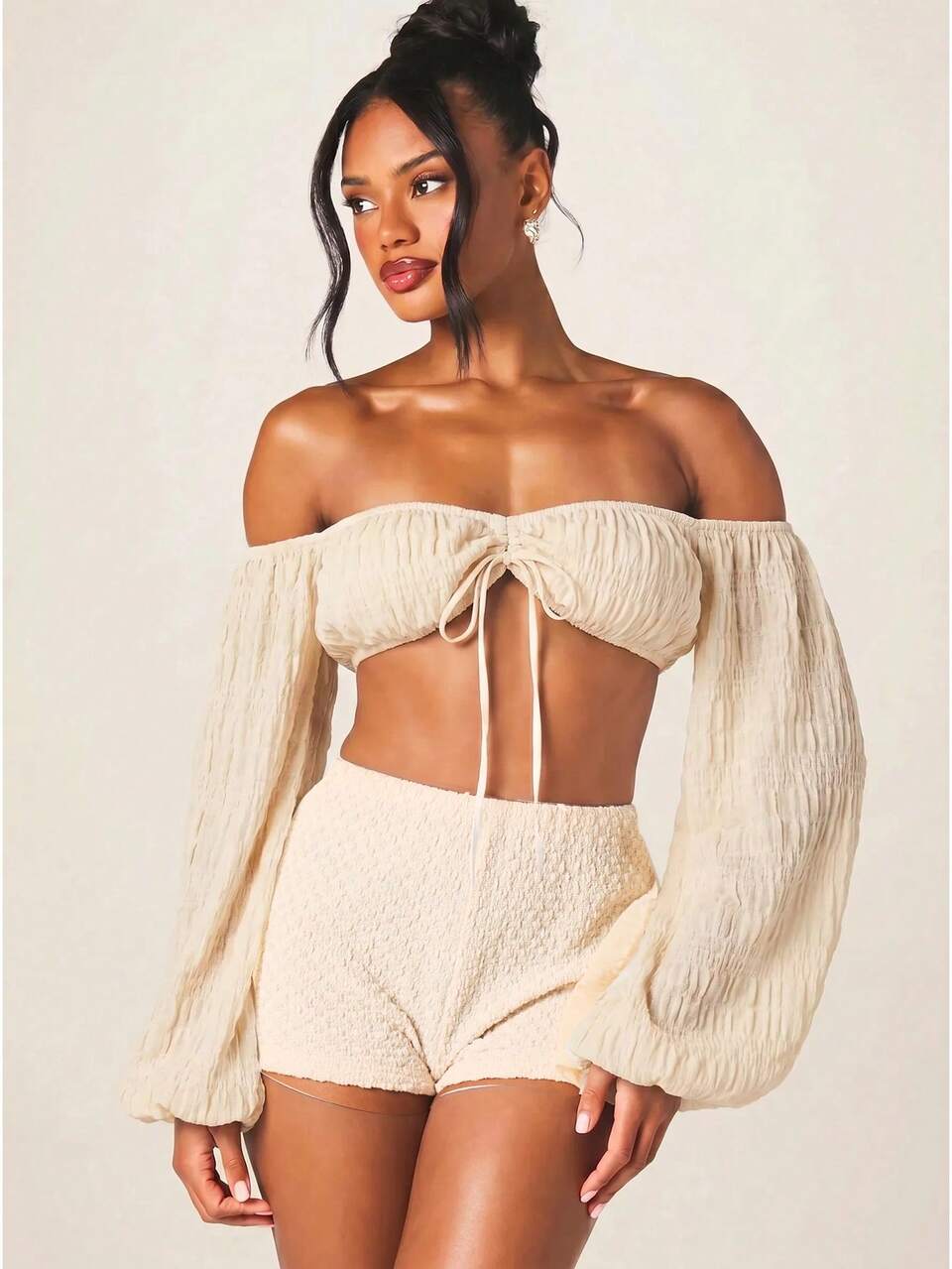 MISSGUIDED Women's Cream Textured Bardot Off-Shoulder Balloon Sleeve Tie Front Crop Top With Ruffle Detail Summer Boho Style