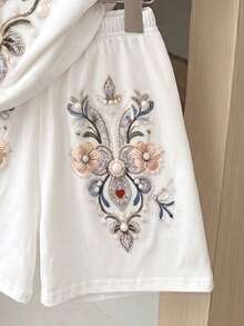 女童休閒舒適仿刺繡花卉與仿珍珠印花短袖上衣 + 短褲套裝，適合夏季日常穿著、度假，舒適放鬆，休閒風格，年輕女孩夏季上衣 - 彩色 - 查看 4