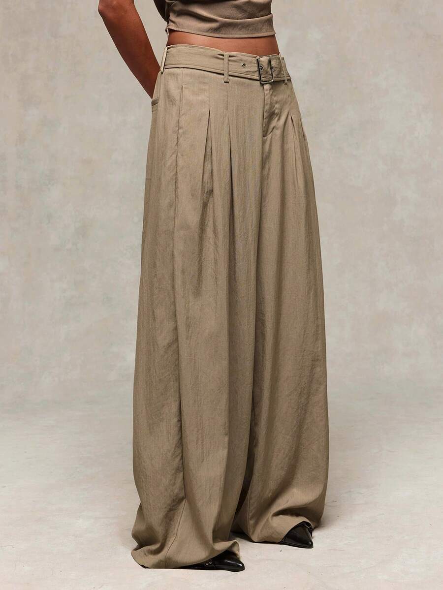 Normani Women's Solid Color Pleated Casual Versatile Everyday Long Pants - Khaki - View 1