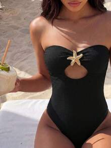 Swim Vcay 女士夏季镂空纹理面料贝壳装饰抹胸式连体泳衣海滩 - 黑色 - 查看 4