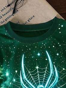 Conjunto de 2 piezas para niño con estampado digital de araña y telaraña en verde, camiseta de cuello redondo de manga corta y pantalón largo verde, cómodo y versátil, estilo streetwear diario para todas las estaciones - Multicolor - Ver 3
