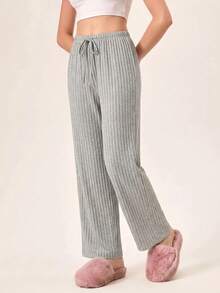 EURMUSE Women 100% Casual 2 Pcs Solid Grey And Black Rib Knit Sleep Lounge Pant Set - Multicolor - View 5