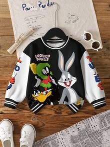LOONEY TUNES X SHEIN 男嬰圓領字母卡通圖案拼色休閒日常長袖運動衫 - 白色 - 查看 6