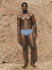 ZELFYO Men's Striped Casual Vacation Triangle Swim Trunks, Holiday - Navy Blue - View 6
