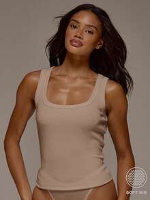 MUSERA ESSENTIALS Scoop Neck Ribbed Fitted Tank Vest Top Spring Summer Holiday Everyday Cute Daily Basics Essential Casual Elegant - Khaki - View 1
