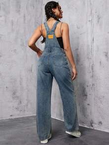 SHEIN ICON 女士纽扣装饰口袋休闲牛仔连体裤 - 藍色 - 查看 10