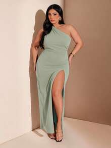 SHEIN BAE Đầm dự tiệc thời trang nữ size lớn màu trơn, thiết kế một vai xẻ tà - Màu xanh Bạc hà - Xem 1