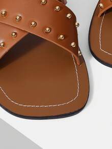 Mnmlis Women's Rivet Inlaid Simple Recreational Vehicle Line Design Flat Bottom Texture Flat Bottom Sandals - Brown - View 4
