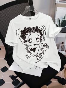Betty Boop x SHEIN Women's Summer Casual Cartoon Print T-Shirt - White - View 3