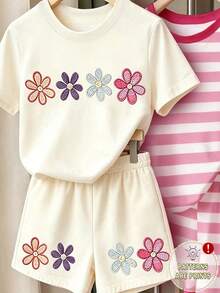 (Random Pattern, 1 Set Random) Summer Young Girls Toddler Fresh Colorful Floral Patchwork Striped Strawberry Flower Print Casual Basic Short T-Shirt And Shorts Set - Multicolor - View 5