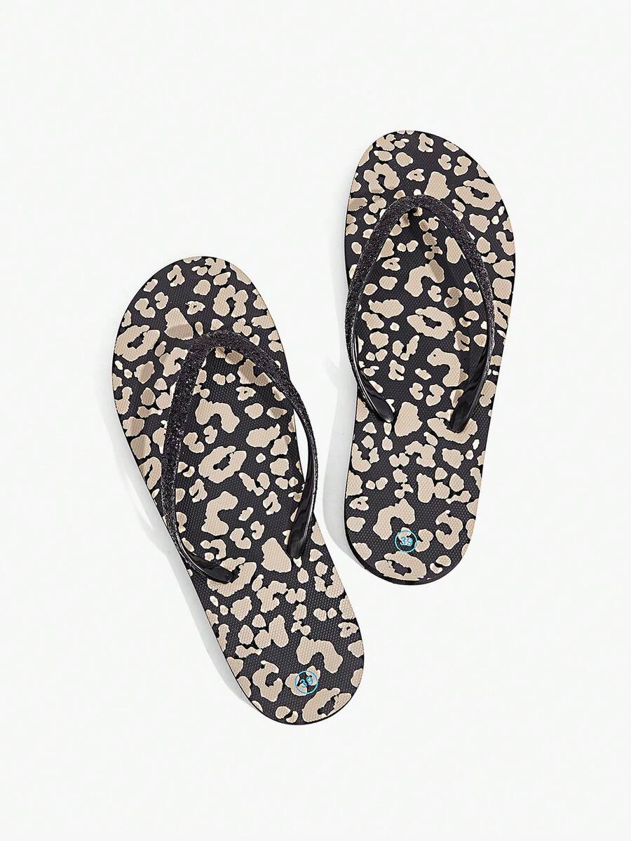 Grefit Women's Fashion Leopard Print Glitter Flat Flip Flop Sandals, Suitable For Home, Beach And Outdoor Wear For Christmas Beach Shoes - Black - View 1