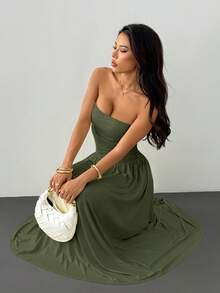 SHEIN PETITE 女款純色抓皺時尚優雅抹胸長洋裝 - 軍綠色 - 查看 5